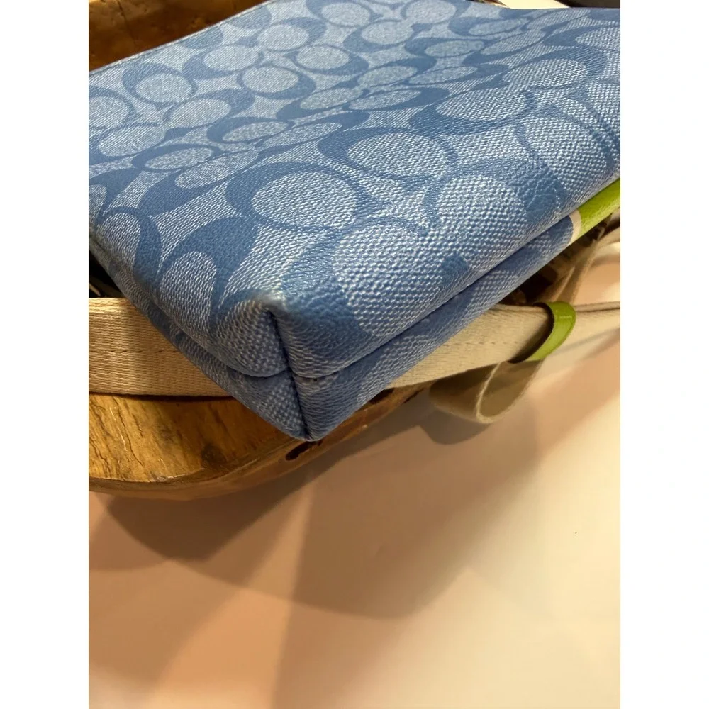 Coach Signature Blue Monogram Crossbody Bag Lime Green Stripe
